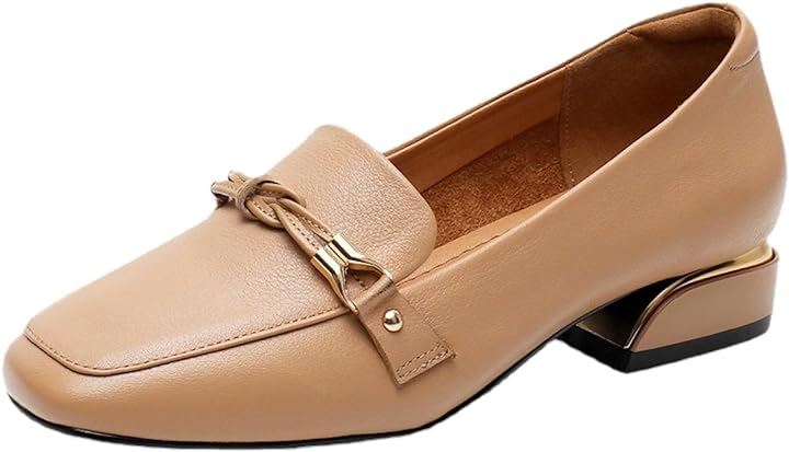 ローファー レディース 本革 チャンキーヒール 3cmヒール ビット ラバーソール スクエアトゥ (ベージュ, 23.5 cm 2.5E)