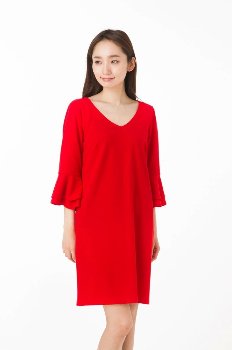 【ＳＡＬＥ】フィフィーユ(FIFILLES)ワンピース T1 T2サイズ 大人ワンピース 無地 レディース七分袖 膝丈ワンピース Ｖネック 上品 大きいサイズ きれいめ