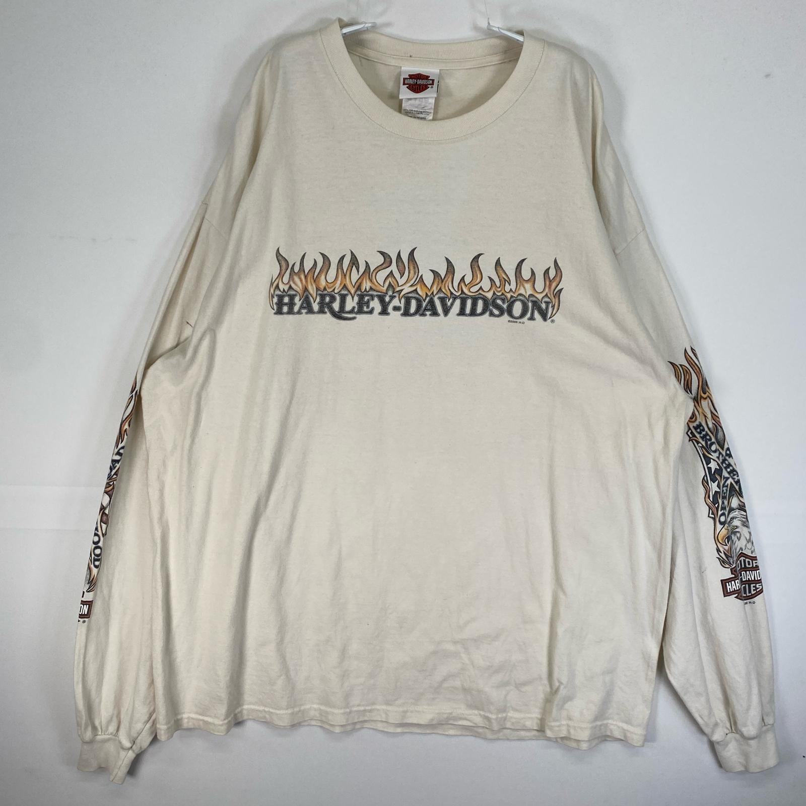古着 00’s/00年代 長袖Tシャツ ファイヤーパターン モーターカルチャー　バイク 大きいサイズ　USA製 2XL ホワイト系 両面プリント メンズ
