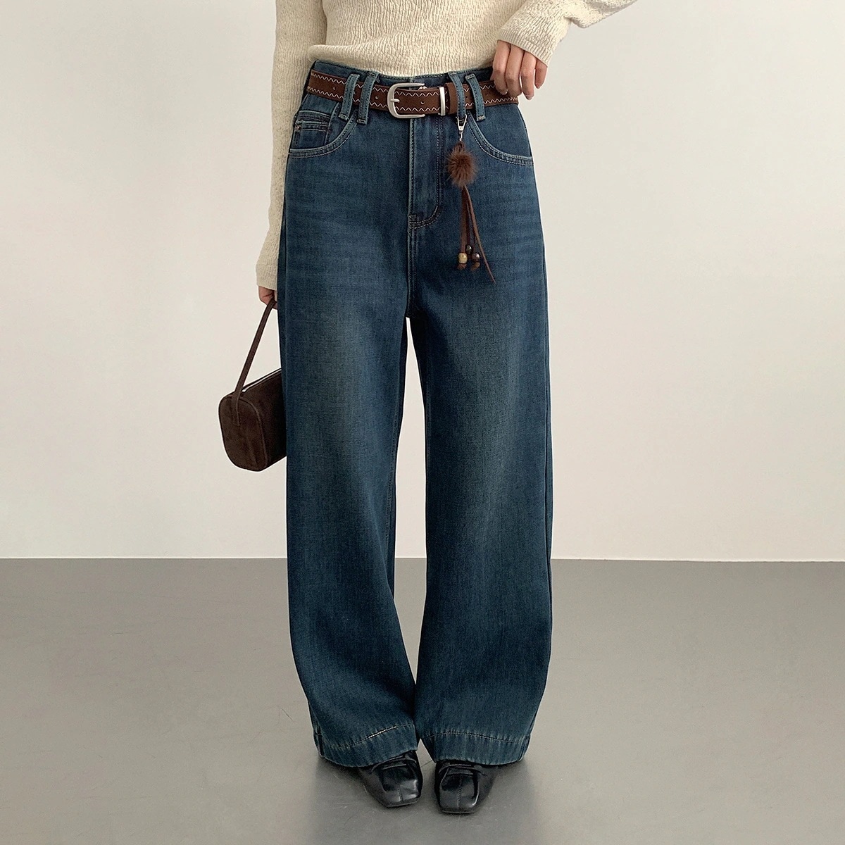 保温 裏起毛 ハイウエスト ストレート ワイドデニム