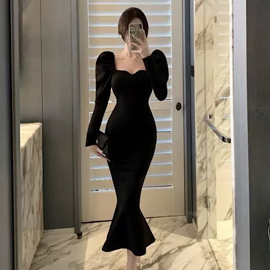 【取寄：納期2週間】結婚式ドレス ハートカット デコルテ 発表会 演奏会 レディース 結婚式 ステージ衣装 ミモレ丈 エレガント ウエディングドレス カラードレス スクエアネック 長袖