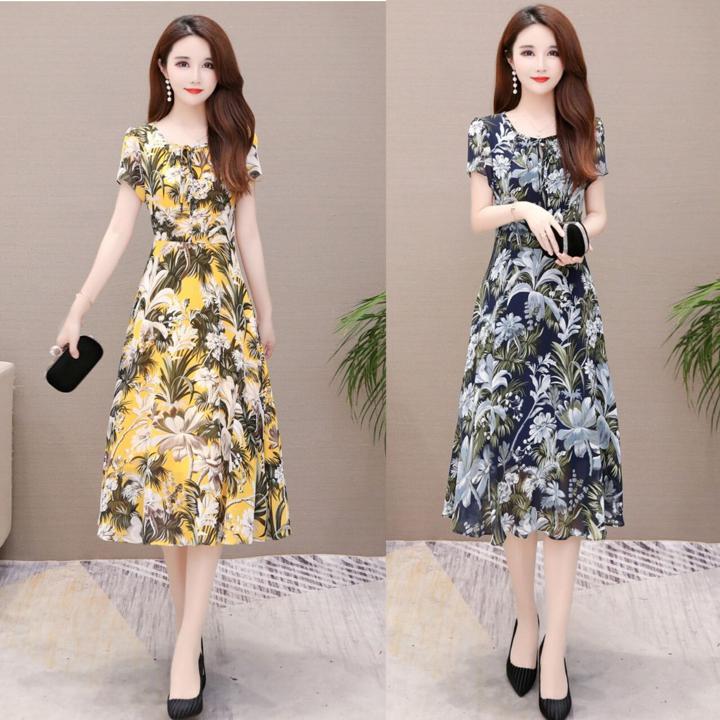 春夏 ドレス ワンピース サマードレス 大きいサイズ ミモレ丈 半袖 花柄 シフォン エレガント フェミニン 二次会
