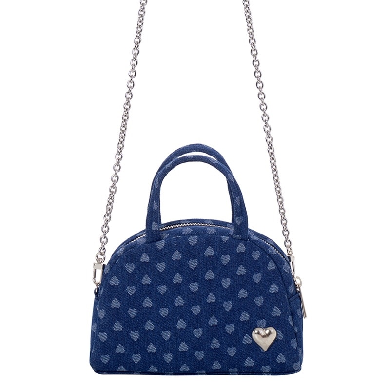 「韓国人気」Mini Silver Heart Studs Denim Half Moon Bag ハートパターン デニム ミニバッグ