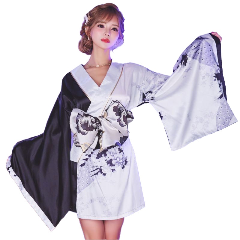 【2カラー】バイカラー 鶴柄 和柄 オフショル ツートン 豪華 帯 花魁 着物 ドレス コスプレ イベント ハロウィン キャバドレス [1290]