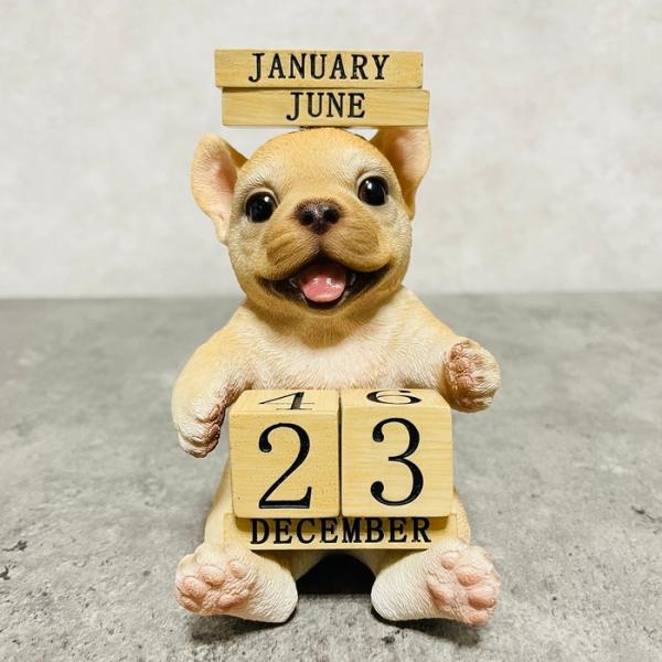 かわいいフレンチブルドッグの卓上日付カレンダー デスク上 贈り物 置物 可愛い リアル インテリア 動物 玄関先 雑貨 ガーデンオーナメント