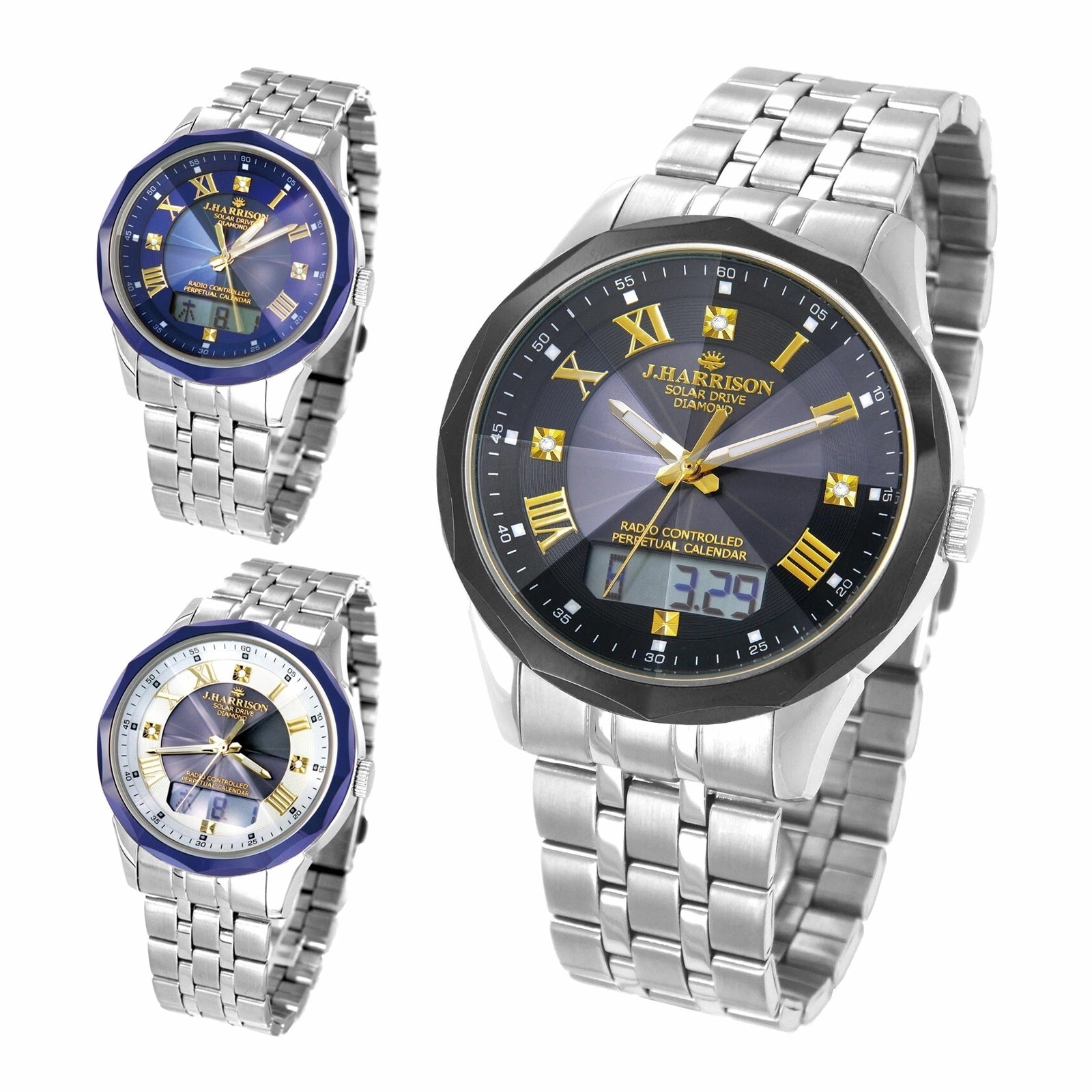 J.HARRISON Ｊハリソン 天然ダイヤ3石 超硬セラミックベゼル ソーラー電波 腕時計