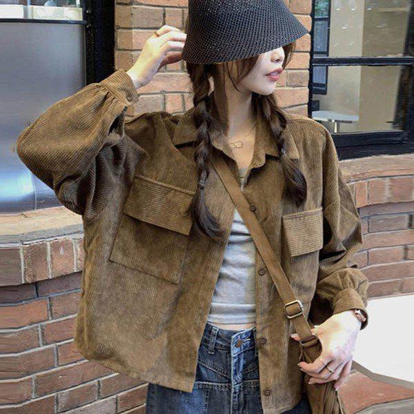 女性用 暖かいコーデュロイカラー ポケットシャツジャケット LDW JKA SSIS581 ブラウン_P375406913