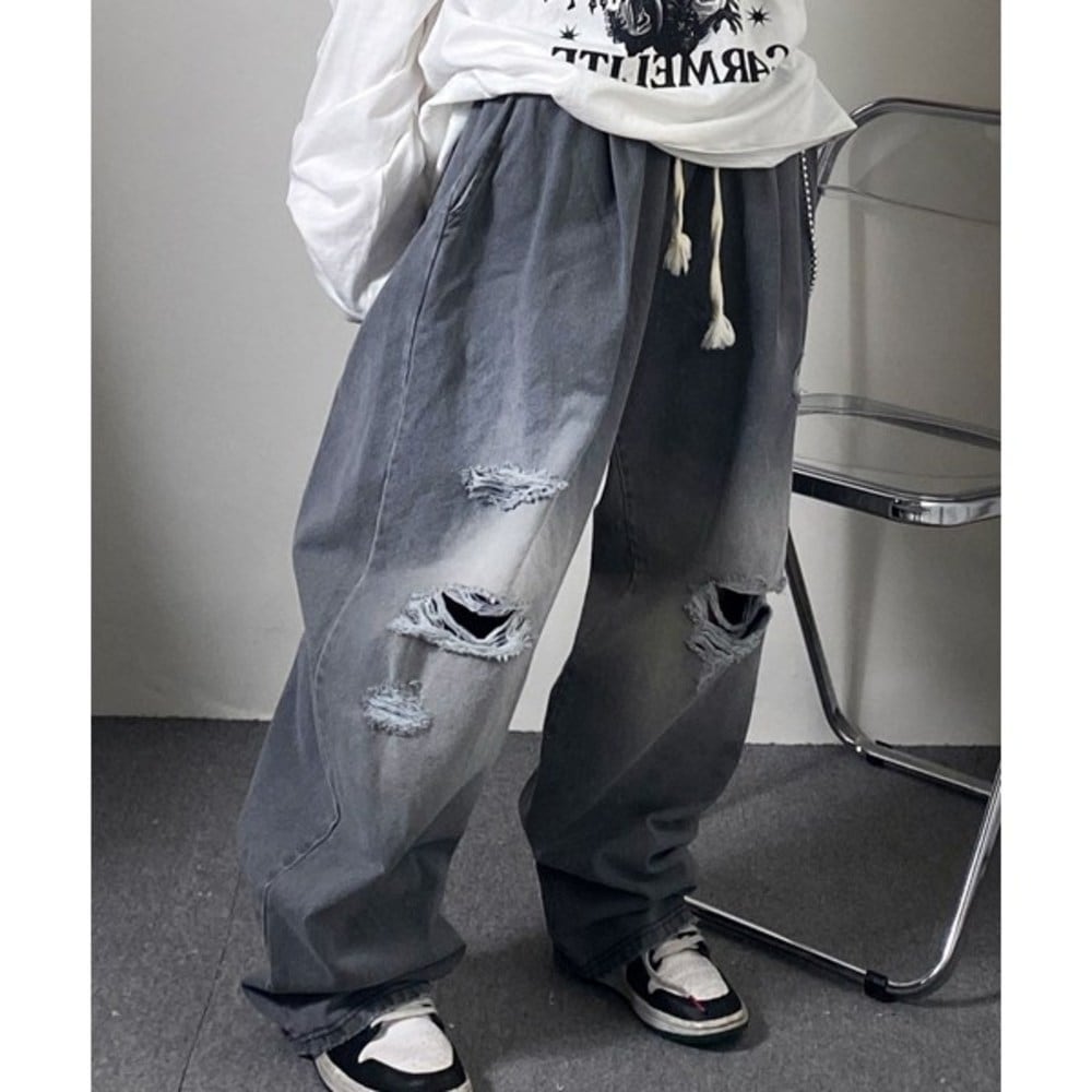 Unique1373ワイド救済ウォッシングデニムパンツ/女性放送ヒップホップダンス服ボトム