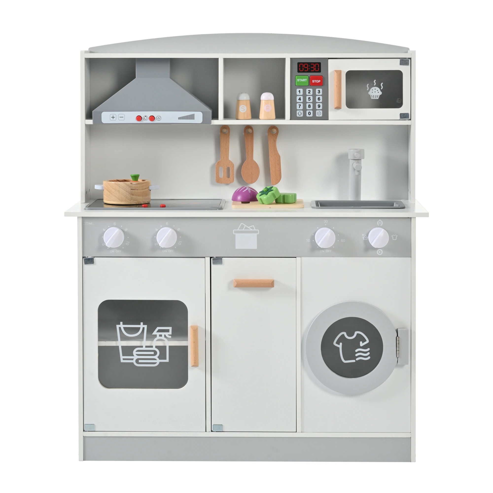 【国内発送Ｍ】1540おままごと キッチン 木製 台所 ライト付き 調理器具付き 調味料 食材 野菜 知育玩具 コンロ 電子レンジ 家事 おもちゃ キッズ ベビー 誕生日 プレゼント【ホワイト】