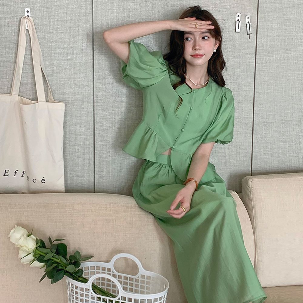 今すぐ欲しい！レディースセットアップ バブル袖 シャツ+タイトスカート 夏服 2点セット 通勤オシャレ0821 5,340円