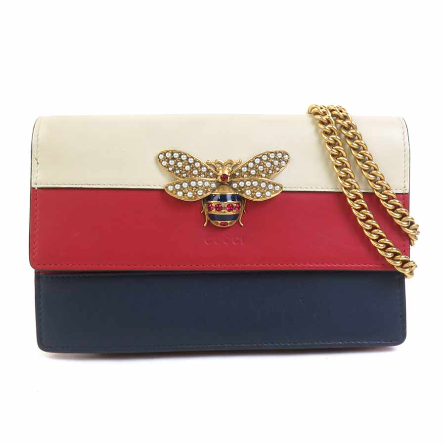 グッチ GUCCI チェーンウォレット クイーン マーガレット レザー ネイビー/レッド/アイボリー レディース 476079 r11173k