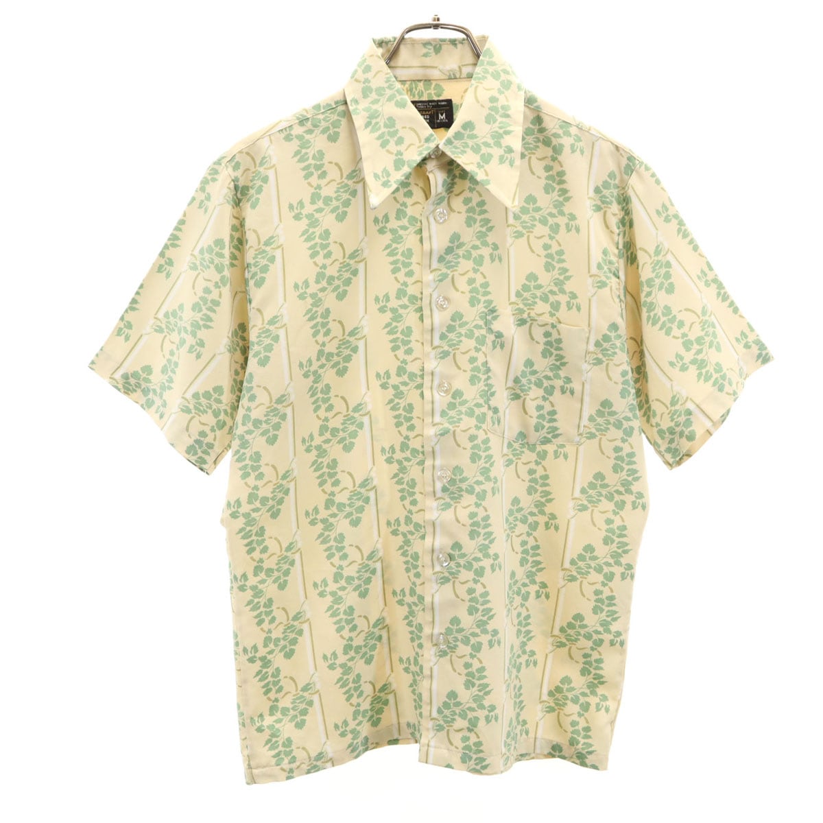 70s ヴィンテージ 衿芯 総柄 半袖 ボックスシルエット シャツ M ベージュ×グリーン メンズ 古着