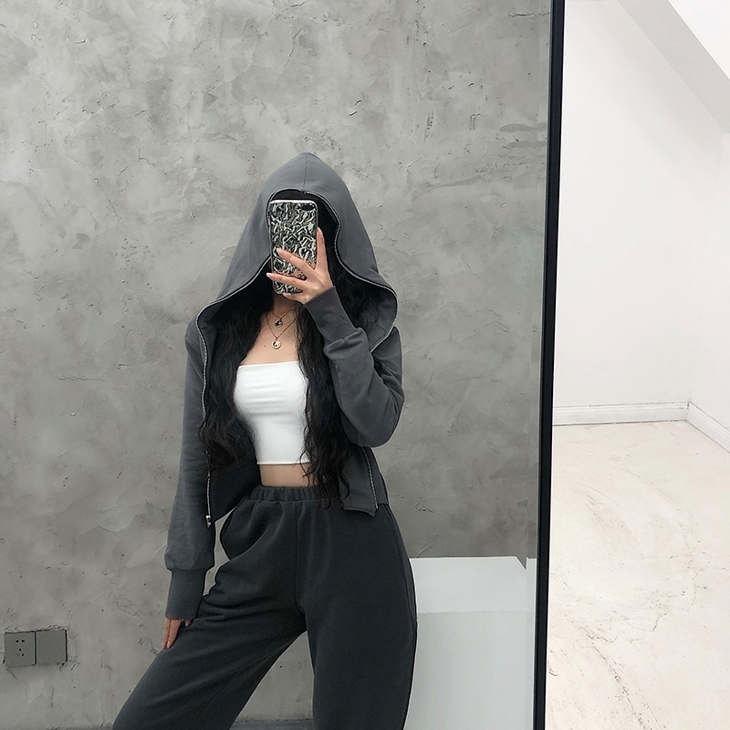 YoungGirlDay ヨーロッパとアメリカのスタイルのゆったりとしたショートカーディガンジッパースポーツカジュアルフード付きスウェットシャツレディースジャケット 4,606円