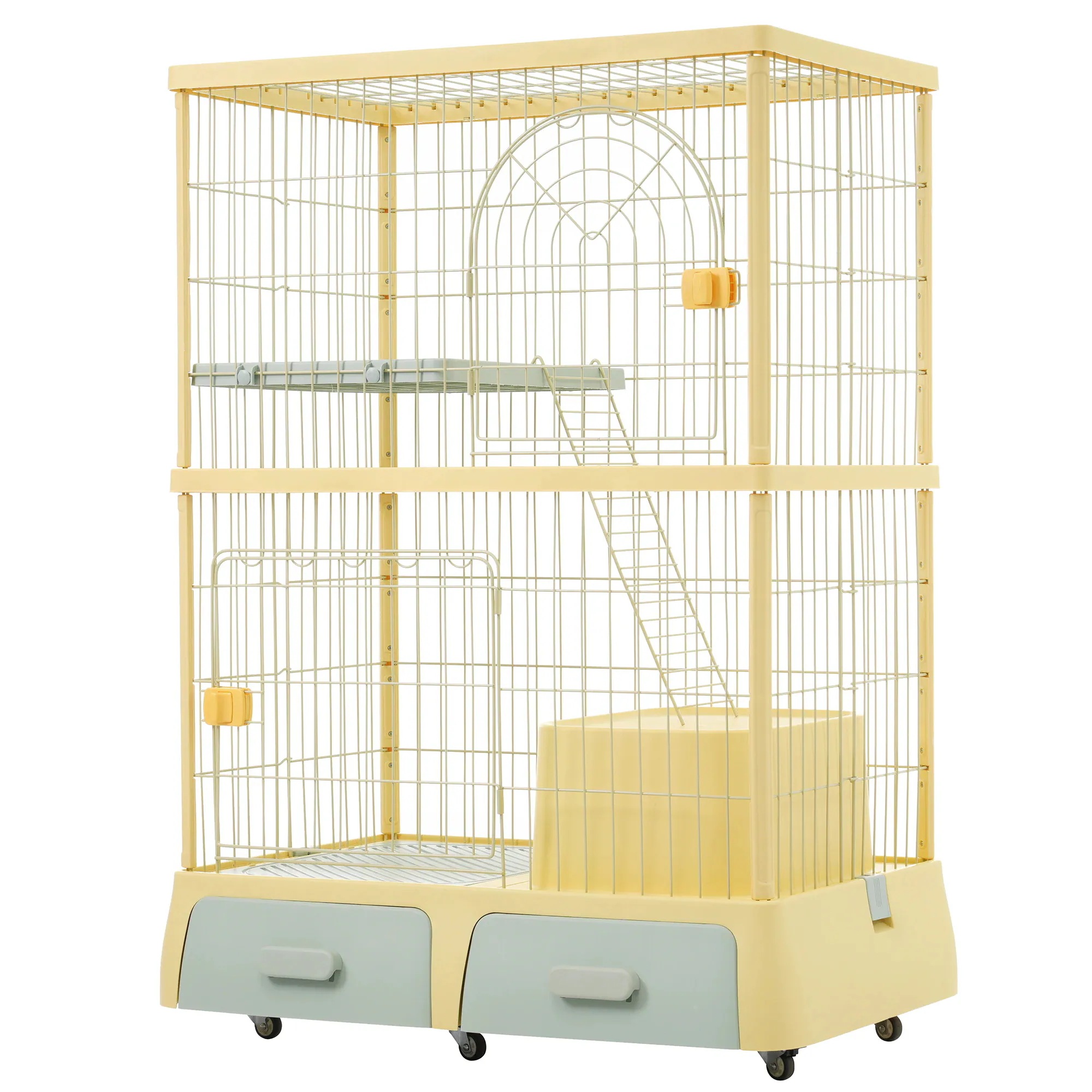 猫 掃除しやすいトレーケージ キャットケージ 2段 多頭飼い 引き出しトレー 組み立て簡単 猫ドア キャットハウス ペット ゲージ 猫 ゲージ 大型 キャスター付きネコ ハウス 留守番 保