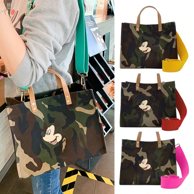 【正規品】カモフラージュ トートバッグ ショルダー キャンバス 2way 韓国 カモフラ柄 ミッキーマウス キャラクター かわいい バッグ a4 マチあり レディース 鞄
