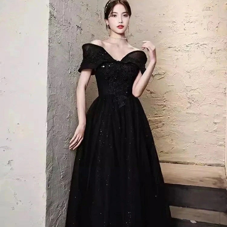ブラック　カラードレス ウェディングドレス パーティードレス　二次会ドレス　Aライン　オフショルダー ウエディングドレス イブニングドレス 発表会 演奏会 結婚式 二次会 花嫁 パーティードレス ロン