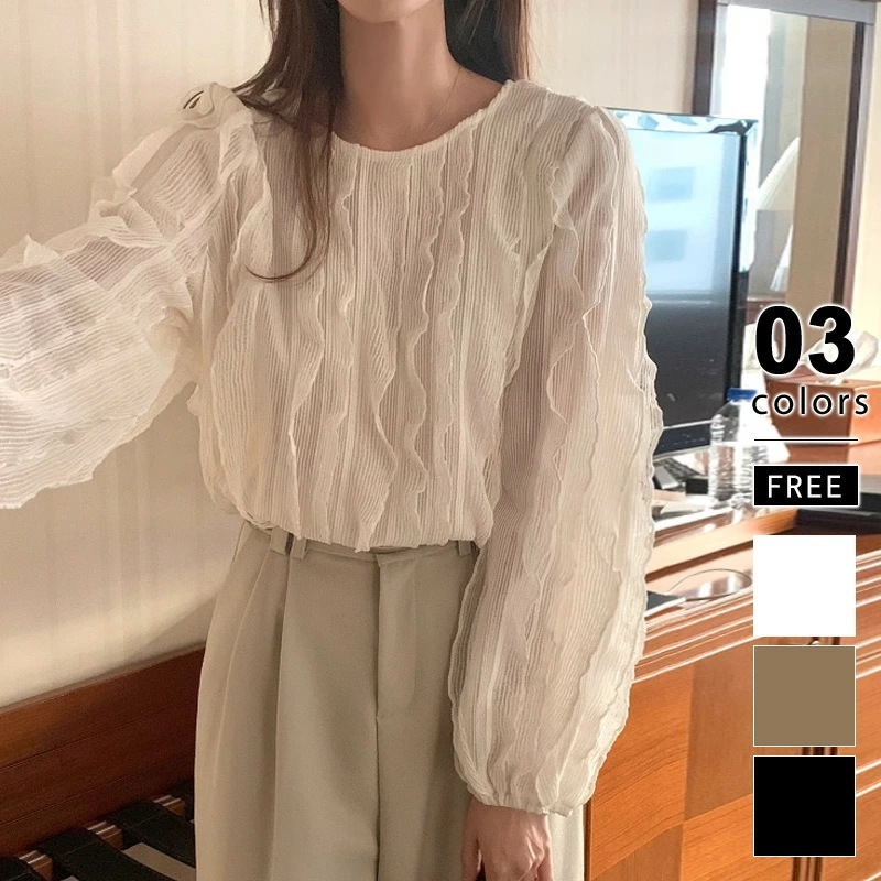 [迅速な配達][限時割!引!]フリルブラウス シアー フリル ブラウス トップス レディース シアーブラウス 長袖 カットソー おしゃれ バルーンスリーブ ボリューム袖 透け感 ショート丈 シアーニッ