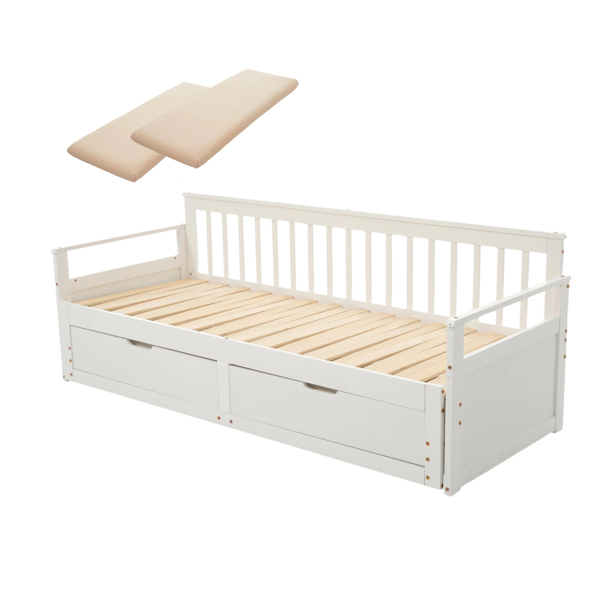 【19】【幅70cmマット2個付】 ソファベッド ディベッド 伸長式ベッド 木製 引き出し付き 収納付き おしゃれ 2way 天然木 パイン材 すのこ仕様【ホワイト】