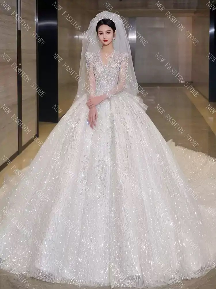 ウエディングドレス新作星空の逃げ姫小柄長袖v襟フレンチドレスワンピース-44