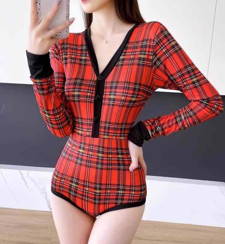 ワンピース 水着 レディース ファッション 夏 プール レジャー 海水浴 チェック柄 シャーリング レッド カジュアル 長袖 三角 ウエスト カバー スリム