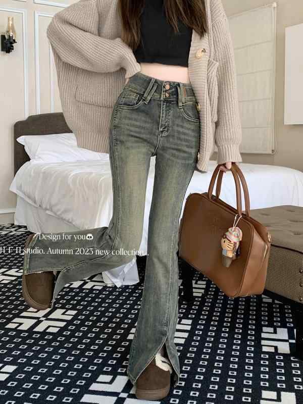 パンツ レディース 秋 冬 レトロ ハイウエスト ストレッチジーンズ スリム スリット 床長 フレア