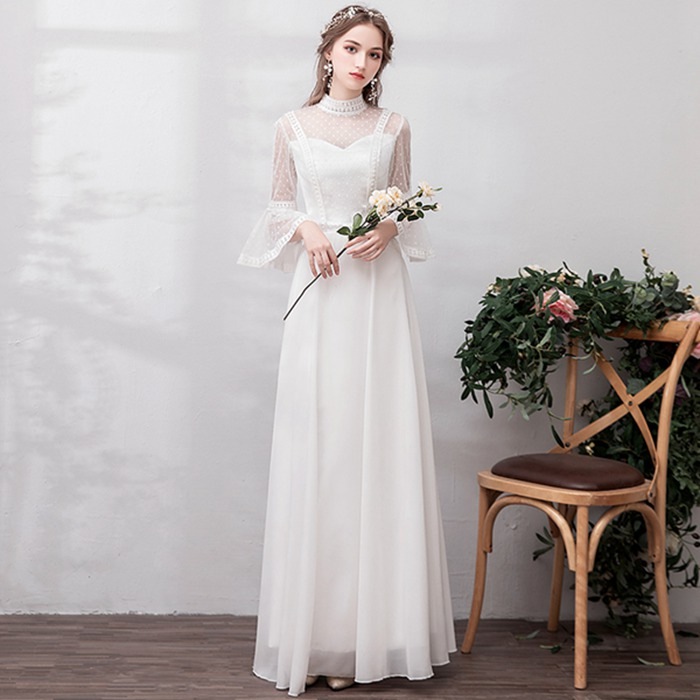 ウェディングドレス 二次会ドレス 新作ドレス 森ガール 花嫁 ドレス レース フレア袖 前撮りドレス パーティードレス エレガント ロングドレス 演奏会 結婚式 謝恩会 イブニングドレス白 フ