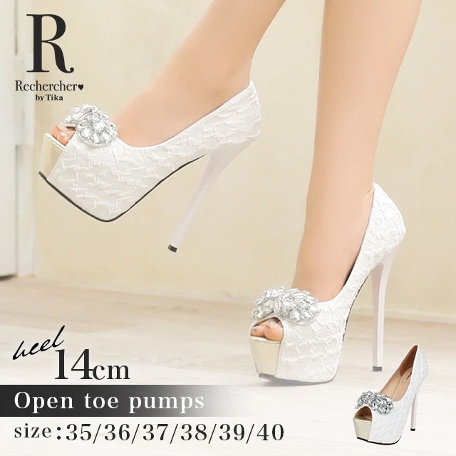 Rechercher ルシェルシェ レース ビジュー オープント ホワイト 14cmヒール パンプス ピンヒール ハイヒール サンダル 白 大きいサイズ キャバ嬢 脚長 美脚 4,994円