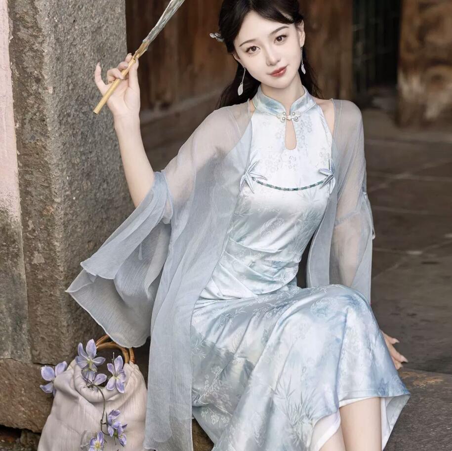 チャイナドレス ロング丈 チャイナ服 ボレロ フレア袖 羽織 漢風 ドレス 女性 大人 中華服 改良版漢服 竹柄 ハロウィン コスプレ衣装 漢元素 コスチューム 学園祭 文化祭 撮影衣装