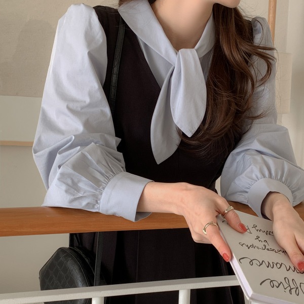 ボウタイ付きシャーリングスリーブブラウス bs7386