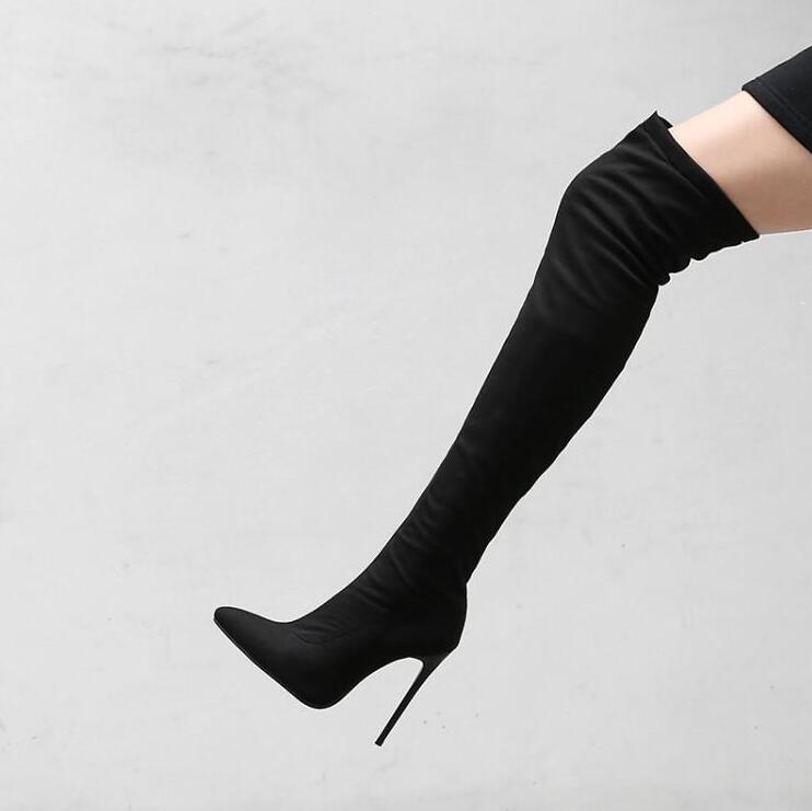 【期間限定！】レディースブーツ　ロングブーツ　ニーハイブーツ　スエード　PU　大きいサイズ　ストレッチ素材　ロング丈　裏起毛　裏ボア　秋冬　2タイプ　ストレッチソックスブーツ　ピンヒール　ハイヒール