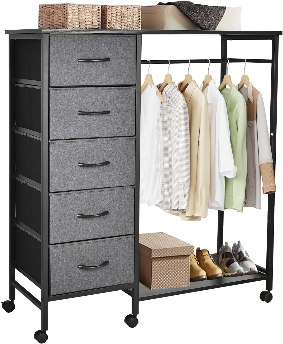 ハンガーラック 引き出し付き ワードローブ シングル チェスト キャスター付き ハンガー ラック 幅102×奥行40×高さ112cm 組立品 2年安心保障