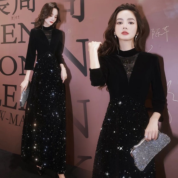 ベルベット ドレス 黒 小柄 イブニングドレス 演奏会 高級感 成人式 同窓会 発表会 フォーマル