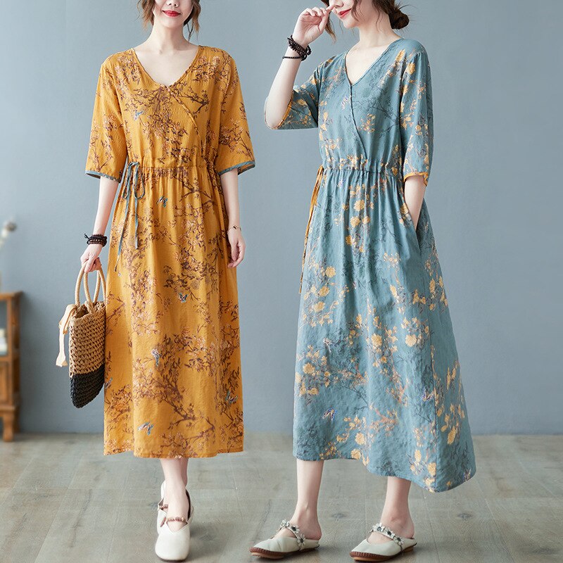春夏新金ゆったりした大きいサイズのプリント民族風V襟5分袖復古文芸風の長いドレスJG