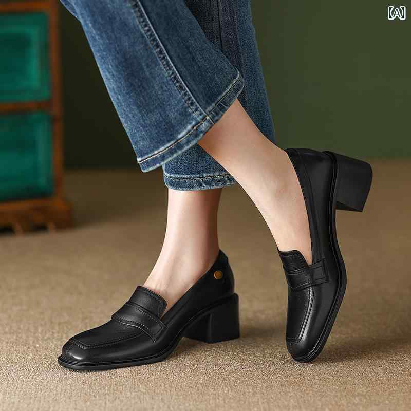 ローファー レディース オフィス 通勤 仕事 エレガント フレンチ レトロ スクエアトゥ 太い ヒール 深口 ハイヒール 革靴