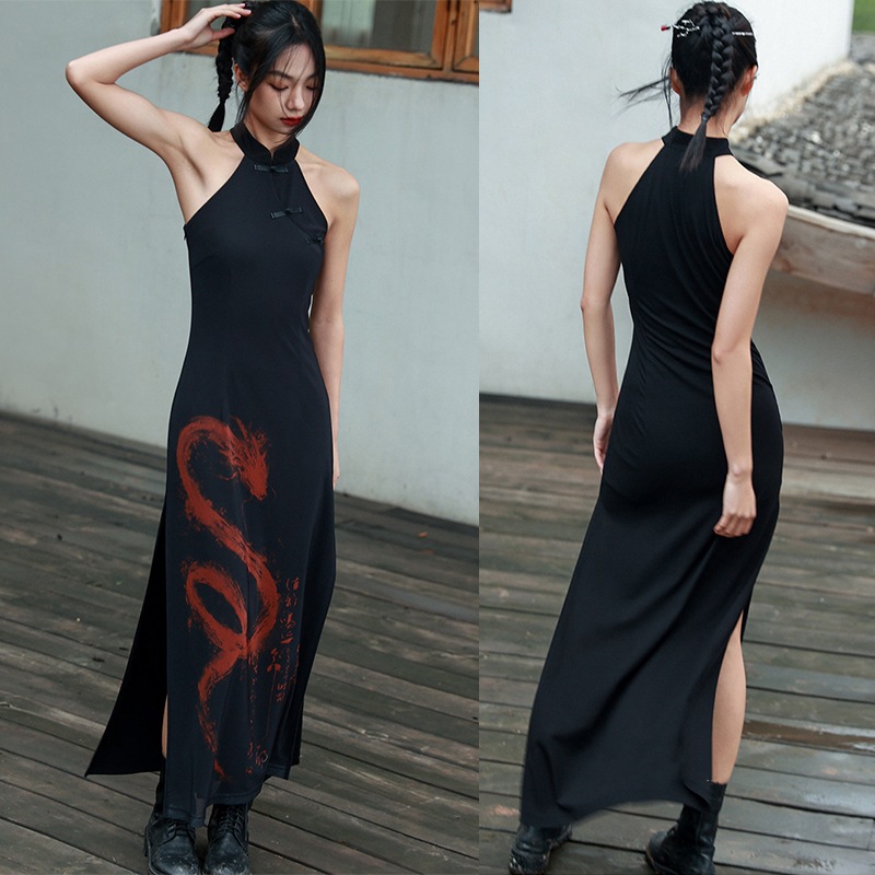 ノースリーブワンピース ロング パーティードレス 個性的 黒 赤龍プリント 改良チャイナドレス スリット チャイナ風ワンピース スタンドカラー 着瘦せ