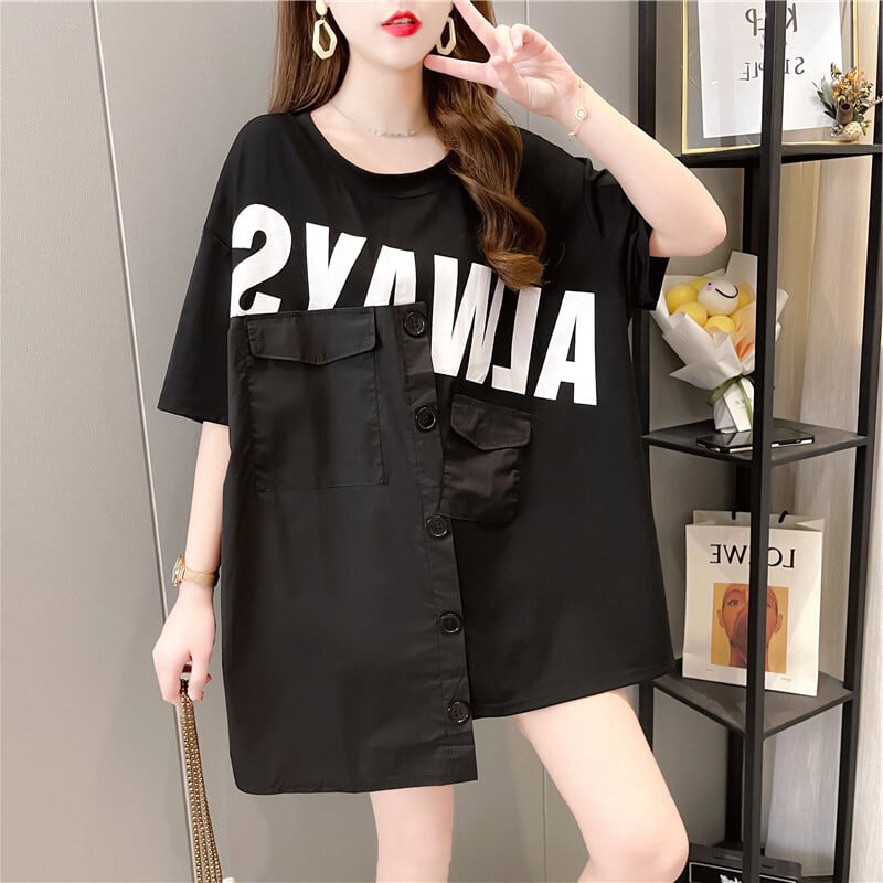 3色 トップス Tシャツ レディース l ブラック 黒 イエロー 黄色 ホワイト 白 M L XL 半袖 ミディアム丈 ラウンドネック プリント カジュアル シンプル ストリート系 おしゃれ 可愛い