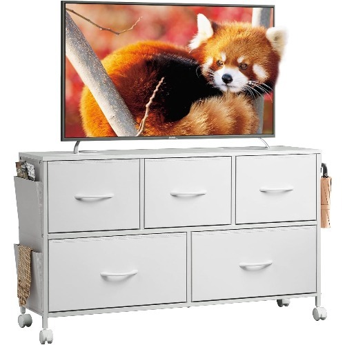 キャスター付き 布製ローチェスト 5引き出し 幅59cm 大容量 省スペース サイドポケット付 北欧風 リビング収納