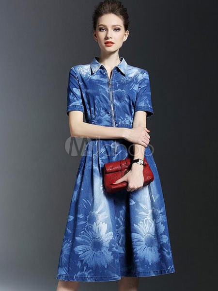 ブルーフレアワンピース花柄プリントデニムワンピース