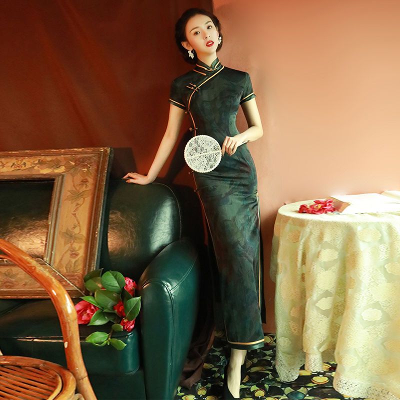 ロングチャイナドレス共和党スタイルのエレガントな女性2025 年夏改良グリーンドレス