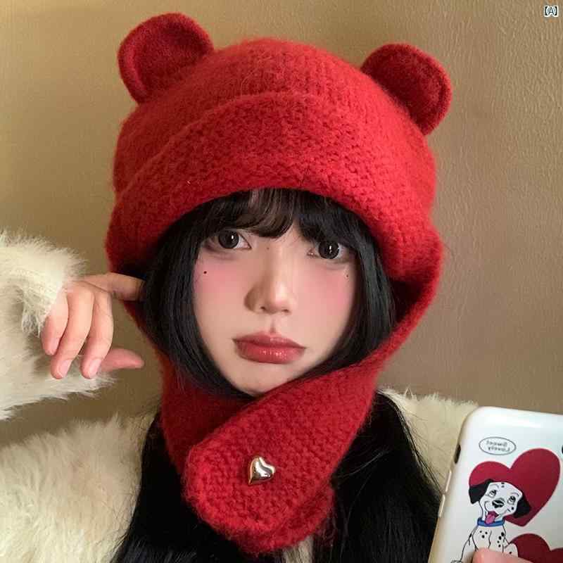 レディース　ファッション　小物　ファッションアイテム 秋冬 レディース かわいい クマ 耳 ニット ウール 帽子 顔 小柄 ロシア 示す レッド 暖かい 耳保護