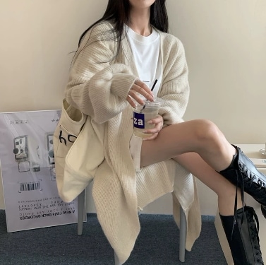 ロングカーディガン ニット オーバーサイズ ルーズ セーター ロング丈 長袖 ストレート ワイド リブ リブニット 編み込み 伸縮性 厚手 シンプル カジュアル 大人 上品 おしゃれ レトロ 大人女子