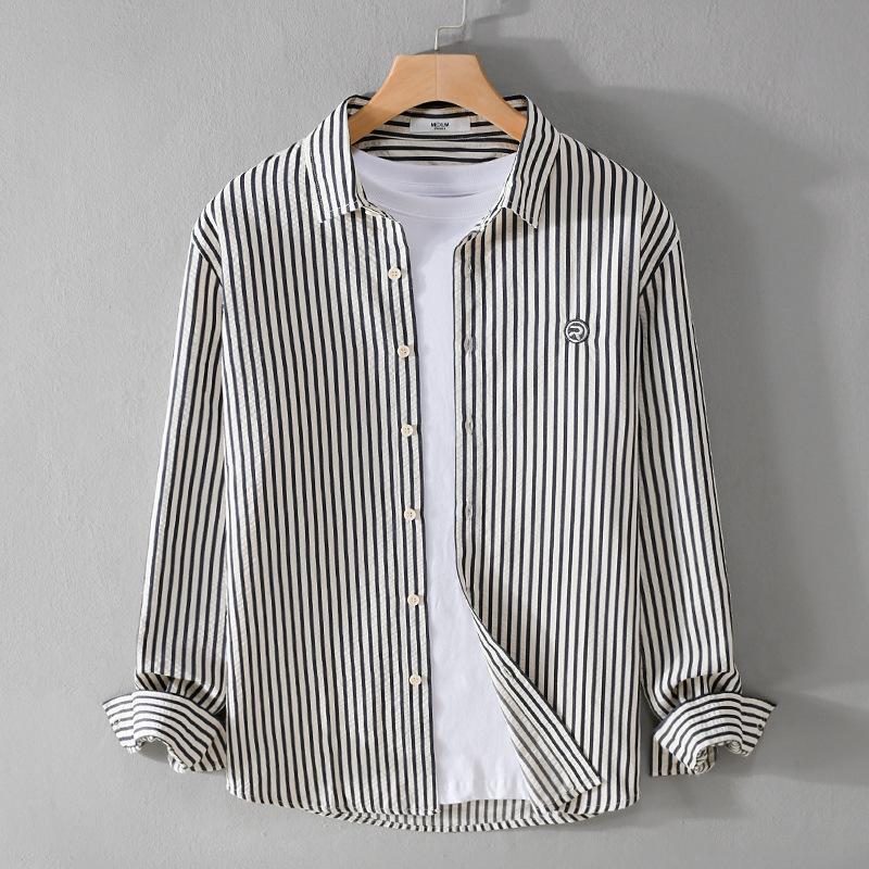 ストライプ シャツ メンズ 長袖 フロントボタン 胸ポケット 襟付き 薄手 カジュアル 羽織り 柔らかい ビジネスシャツ 通勤 通学