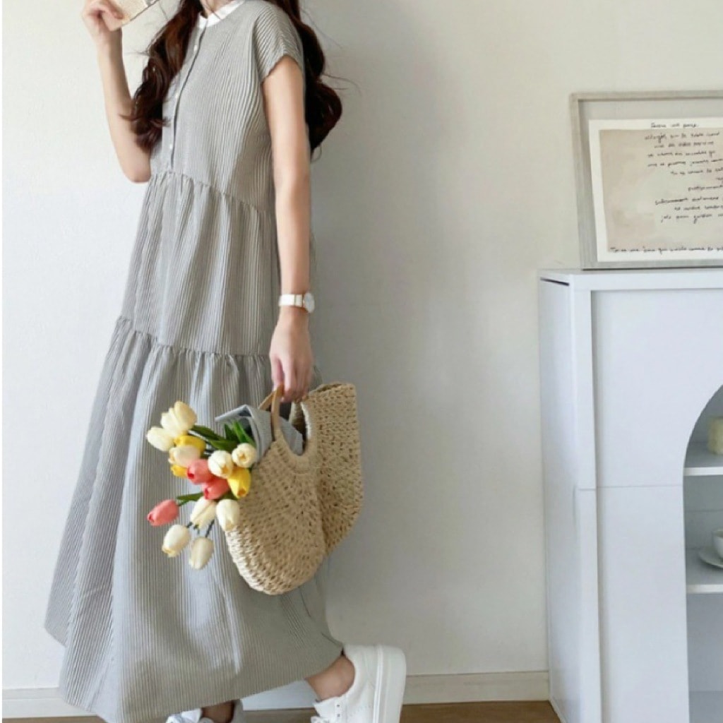 レディース ワンピース プルオーバー シャツワンピ ティアード 前開き ロング アンクル丈 フレンチスリーブ 襟付き スタンドカラー バックリボン ボタン かわいい 大人可愛い きれいめ シンプル