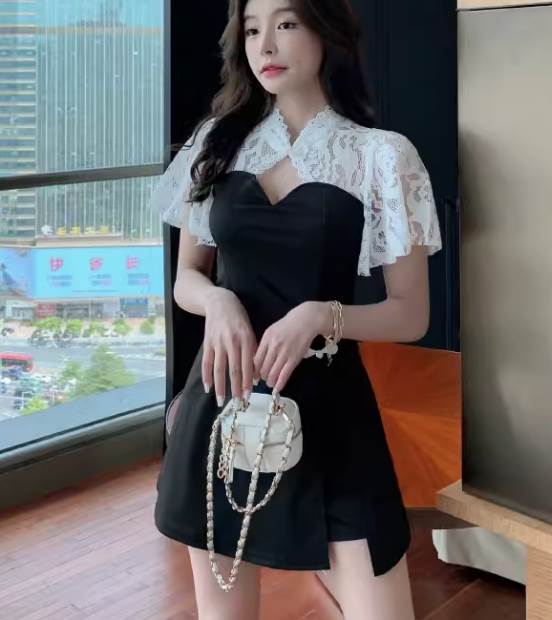 【送料無料】刺繍 レース 花柄 サイドスリット チャイナボタン エンジェルスリーブ フロントカットアウト 半袖 ショート丈 ワンピドレス