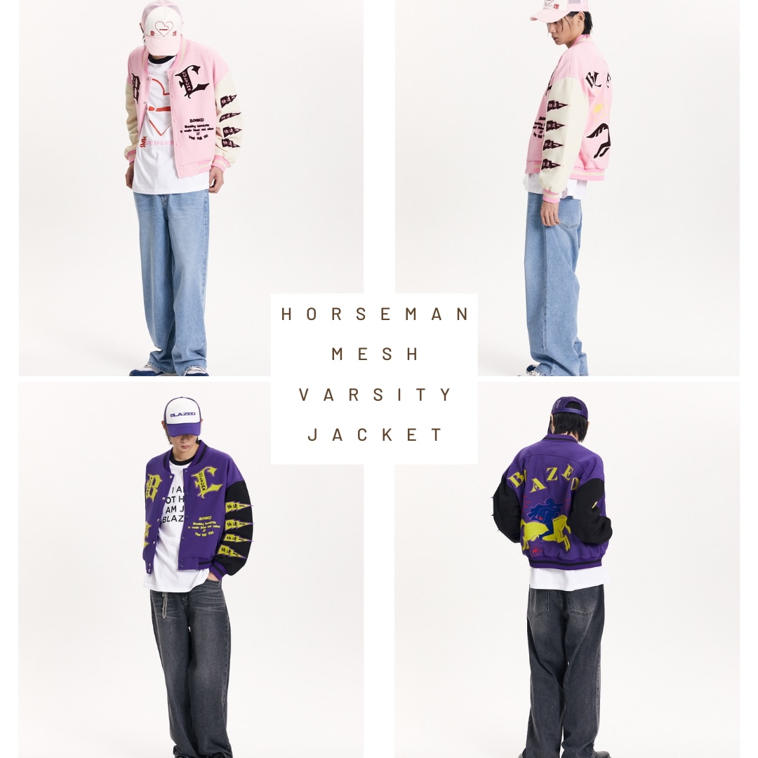[BLAZED] 韓国 ストリートファッション 男女兼用 Horseman Mesh Varsity Jacket