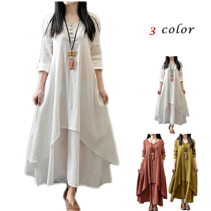 ゆったり 長袖 ロング ワンピース 綿麻 コットン リネン 着痩せ 体型カバー ~ 5XL レディース M