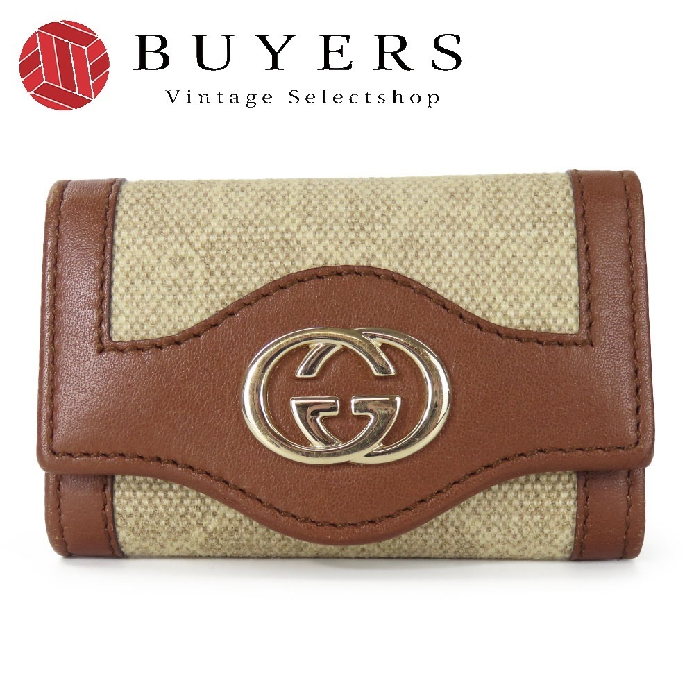 中古 キーケース 282432 インターロッキング 6連 GGキャンバス カーフ ベージュ ブラウン ゴールド金具 アクセサリー 小物 普段使い レディース 女性 16,940円