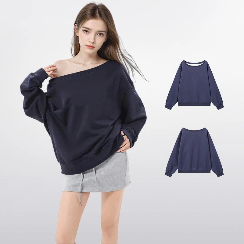 レディース用ネイビーブルーのオフショルダー プルオーバー スウェットシャツ2025 年春秋の新スタイルリラックスしたスタイリッシュな長袖トップス