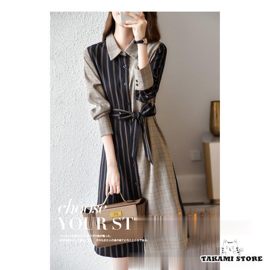 シャツワンピース レディース 0代 40代 50代 春秋冬 Aラインワンピース きれいめ 膝丈 チェック柄ワンピース 上品 長袖 配色 着痩せ大人