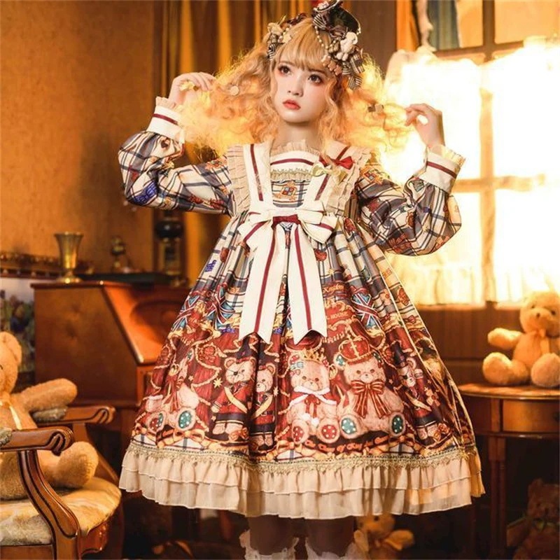 パーティードレス かわいい胡桃熊ロリータ洋装 cosplay 秋冬長袖opワンピース女